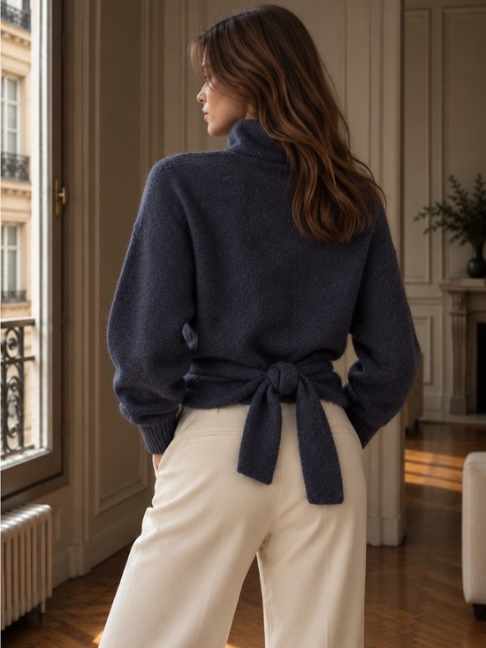 Aritzia Sweaters - Wilfred Aritzia Lorin Sweater Knit Turtleneck Tie Back Sweater Marl Blue Medium